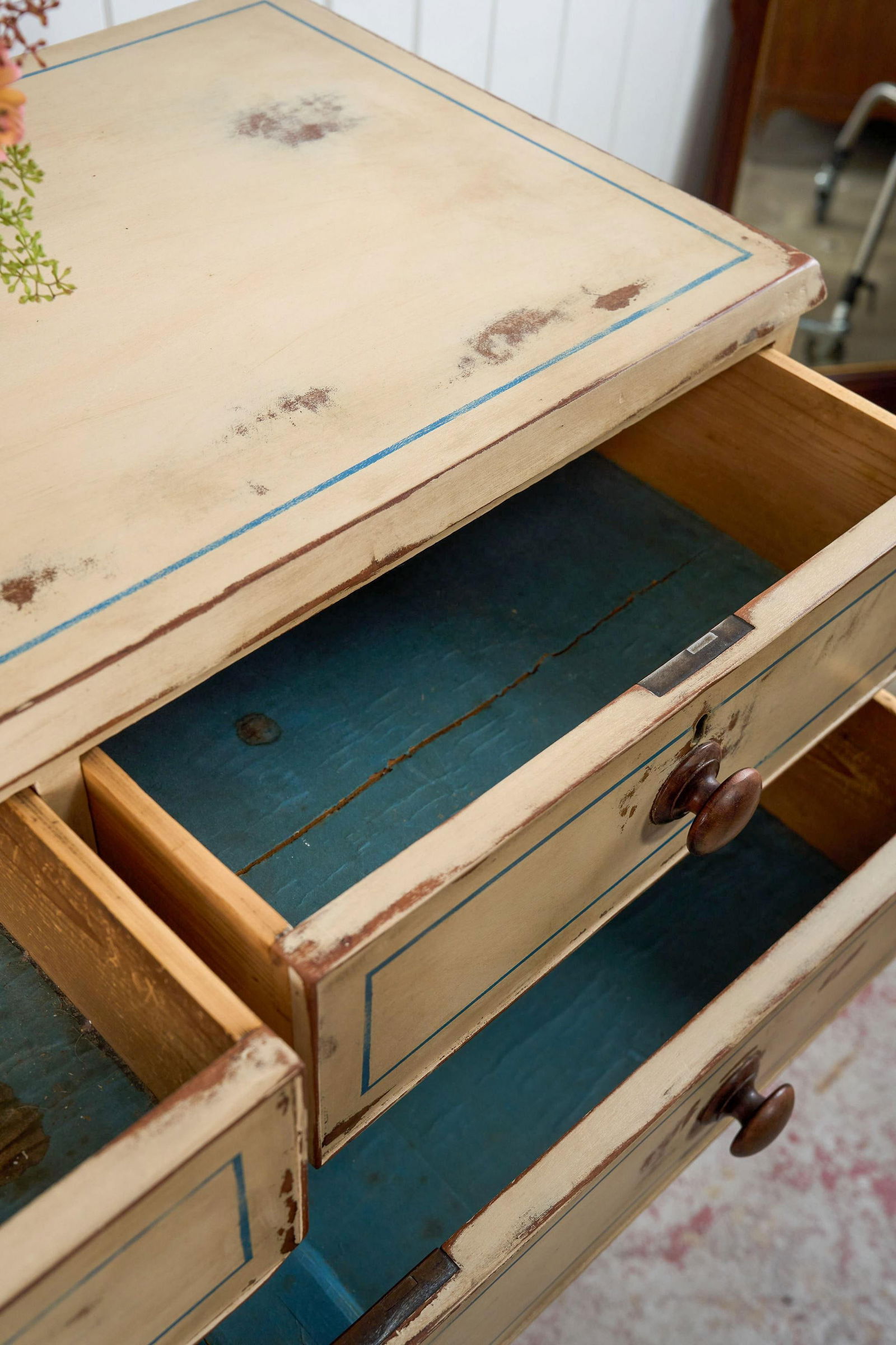 19th Century Victorian Two Over Three Painted Pine Chest With Blue Accents - 7