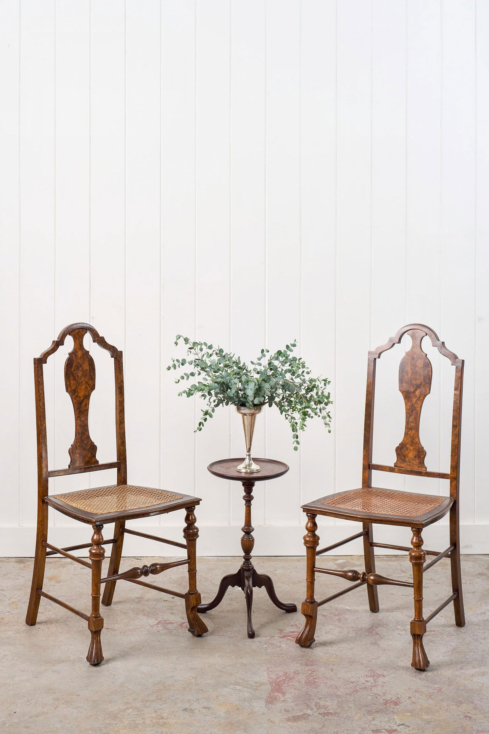 Pair of 19th Century Burl Walnut Hand Tied Cane Seat Chairs - 2