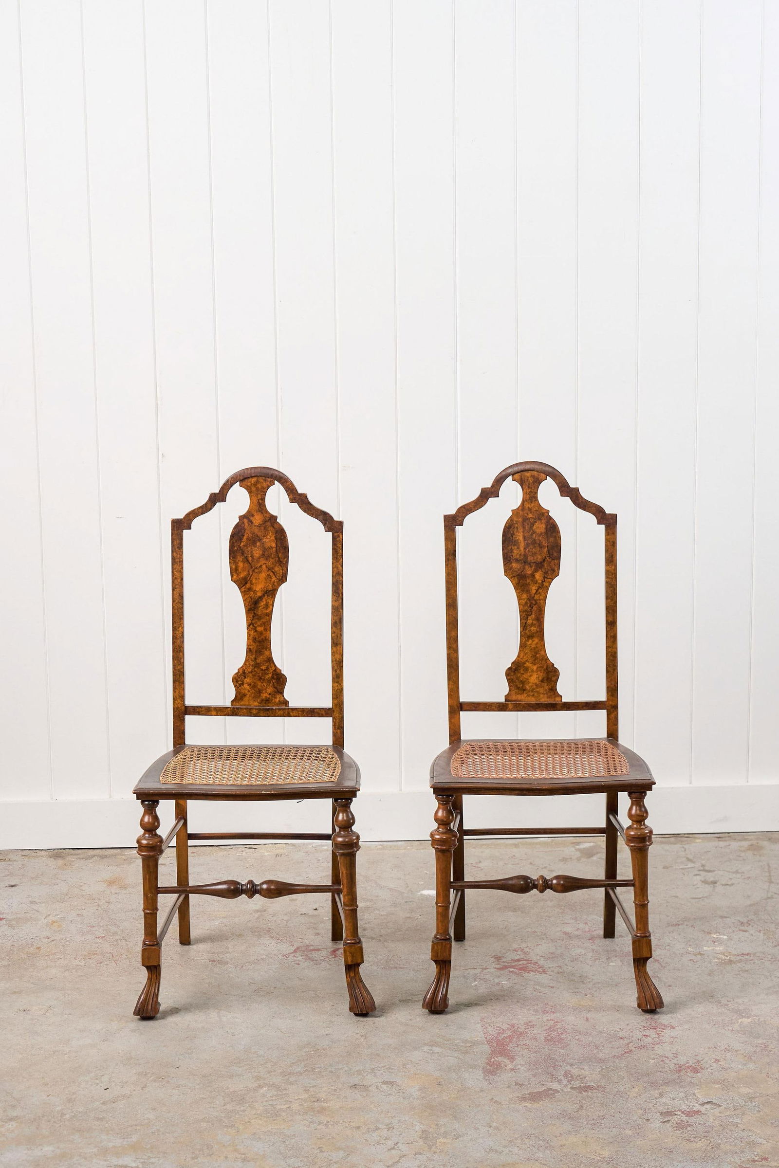 Pair of 19th Century Burl Walnut Hand Tied Cane Seat Chairs - 3