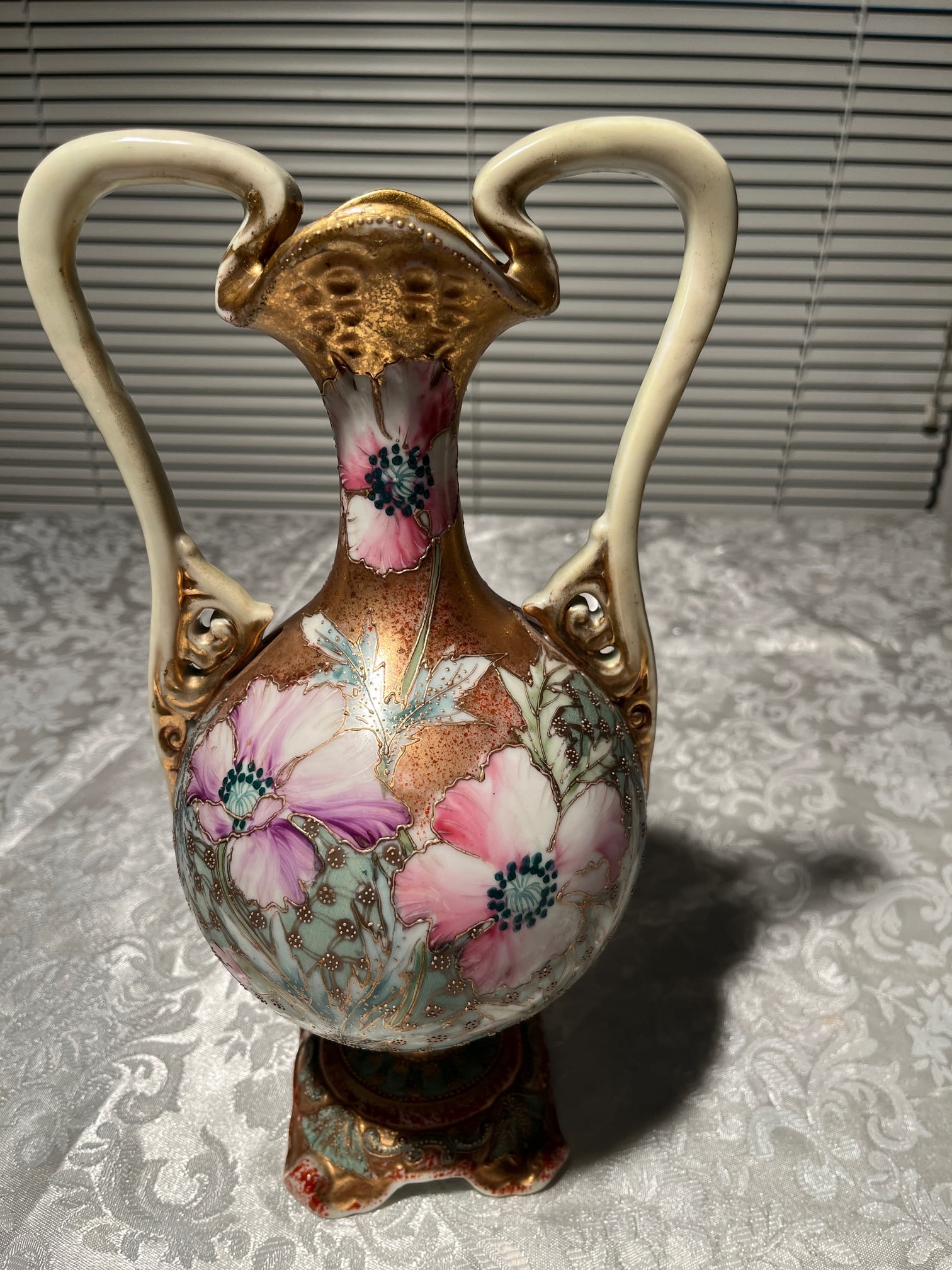 Antique Nippon Royal Kinran Vase 12" Moriage Gold Floral Hand Painted Porcelain - 12