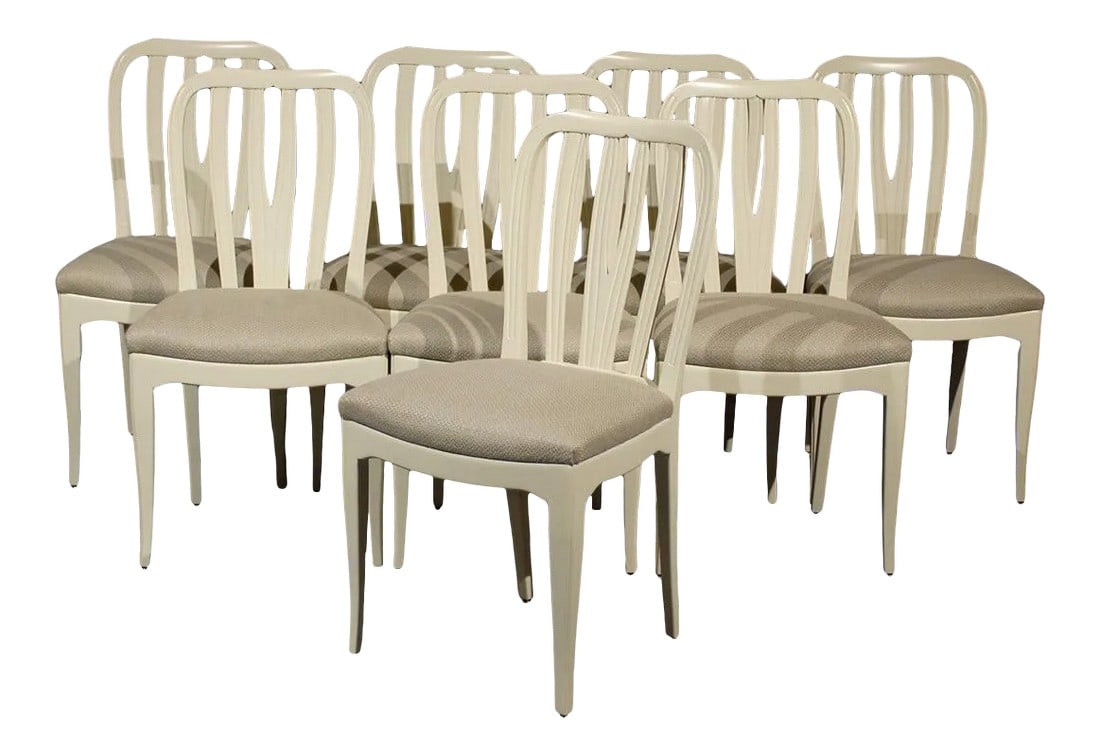 Mid-Century Modern Dining Chairs by Carl Malmsten, Set of 8: Beautifully restored Swedish Modern Gustavian Style vintage dining chair set by renowned Swedish furniture designer Carl Malmsten. Eight sturdy chairs newly reupholstered in Belgian gray/taupe woven