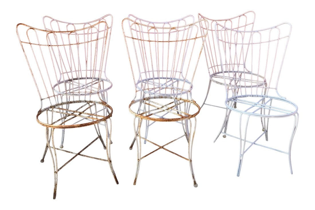 Mid Century Homecrest Wire Patio Dining Chairs - Set of 6: Set of six Homecrest attributed wire patio dining chairs features the best of retro design with hairpin legs, swooping wingback sand removable seats. Condition: Alterations: Original Condition
