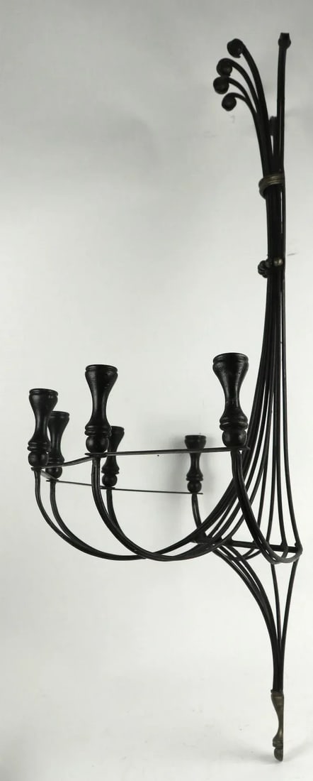 Large Mid Century Iron Brass and Wood Candle Sconce - 10