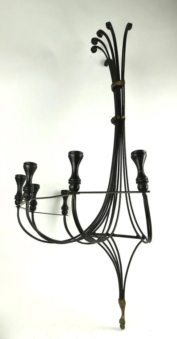Large Mid Century Iron Brass and Wood Candle Sconce - 11