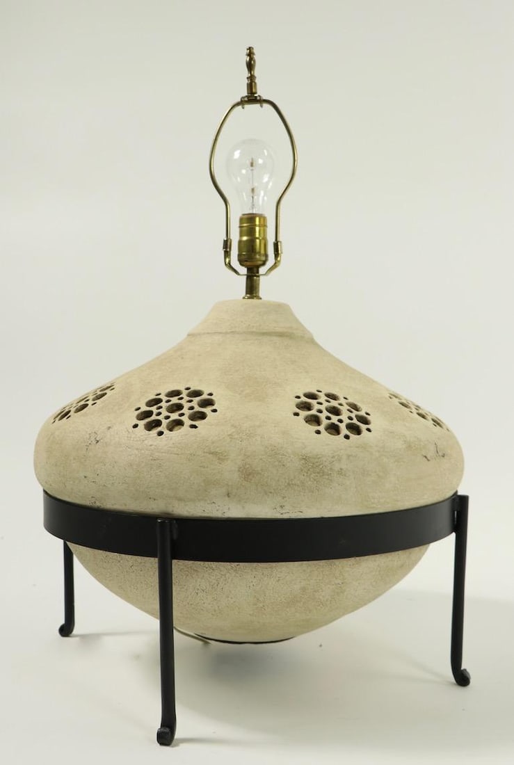 Sand Color Ceramic Table Lamp in Wrought Iron Stand - 10