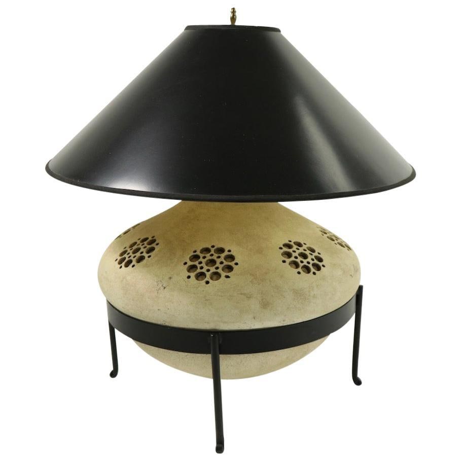 Sand Color Ceramic Table Lamp in Wrought Iron Stand - 2