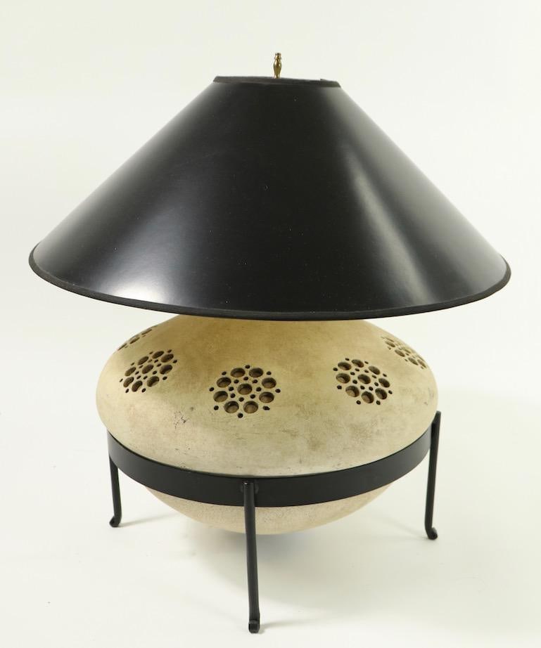 Sand Color Ceramic Table Lamp in Wrought Iron Stand - 3