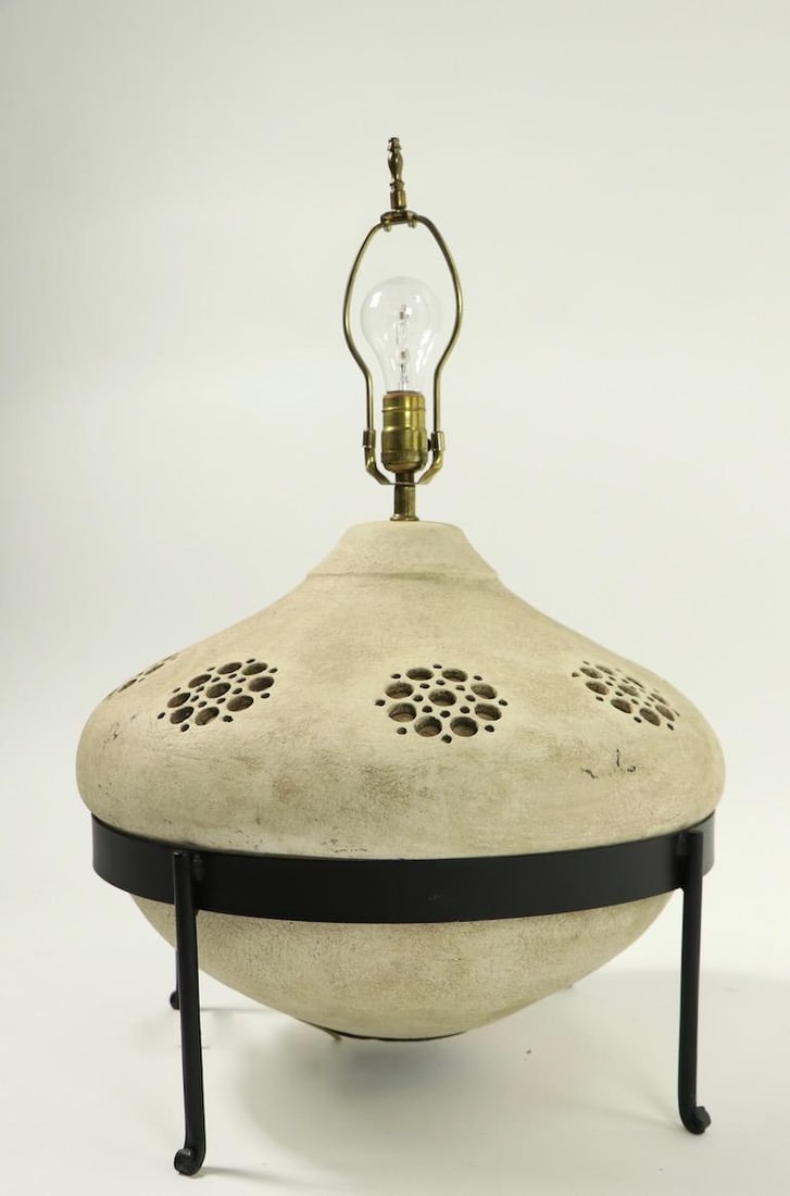 Sand Color Ceramic Table Lamp in Wrought Iron Stand - 9