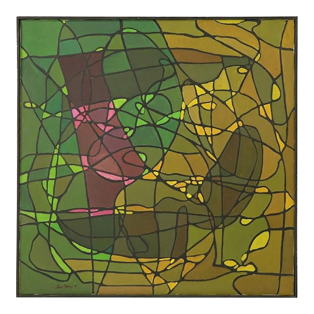 Abstract Oil on Canvass Painting by Noted Vermont Artist Lois Foley '1981': Abstract oil on canvass of tonal greens, pinks and yellows with back wandering line structure, signed and dated Lois Foley '81. This example is in very fine original condition, clean and ready to