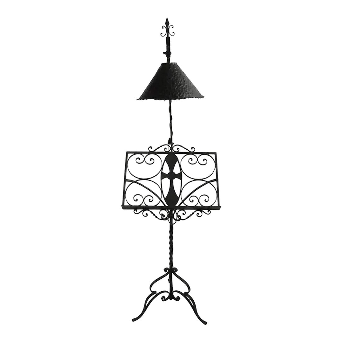 Gothic Arts & Crafts, Wrought Iron Bible, Bookstand, Lecturn, Maitre D Stand: Wrought iron lecturn having an open work book rest with a Gothic cross, and an adjustable hooded light. The hood shade cane be raised or lowered and the bell form shade (11.25 in. diameter) can be