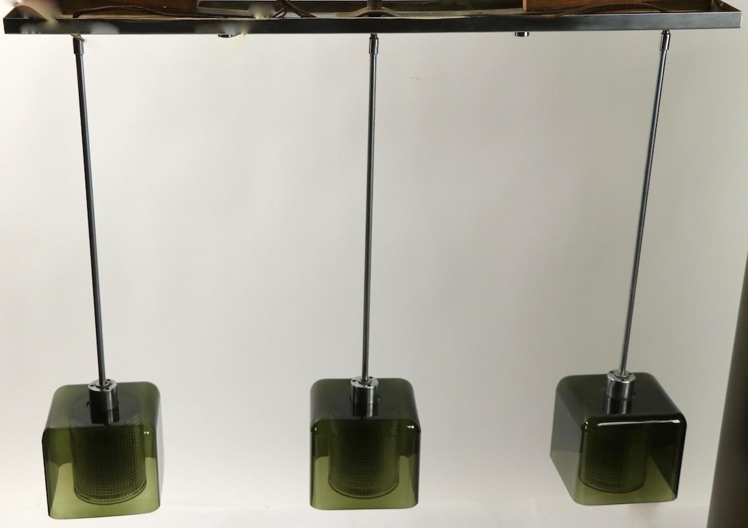 Mid 20th Century Three-Light Smoked Gray Glass and Brushed Steel Chandelier att. to Orrefores - 11