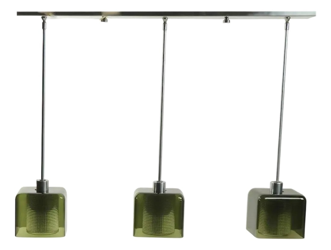 Mid 20th Century Three-Light Smoked Gray Glass and Brushed Steel Chandelier att. to Orrefores: Chic architectural light fixture attributed to Carl Fagerlund for Orrefors. This chandelier has a minimalist brushed steel frame with drop three arms that support smoked green/ gray green glass