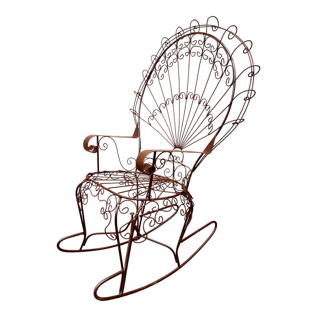 Salterini Style Wrought Iron Peacock Back Rocking Chair: John Salterini style Vintage Wrought Iron Peacock Rocking Chair Mid Century Outdoor Victorian Garden Patio Boho Chic Art Nouveau. This Grand Chair features an exaggerated peacock fan back with lacy