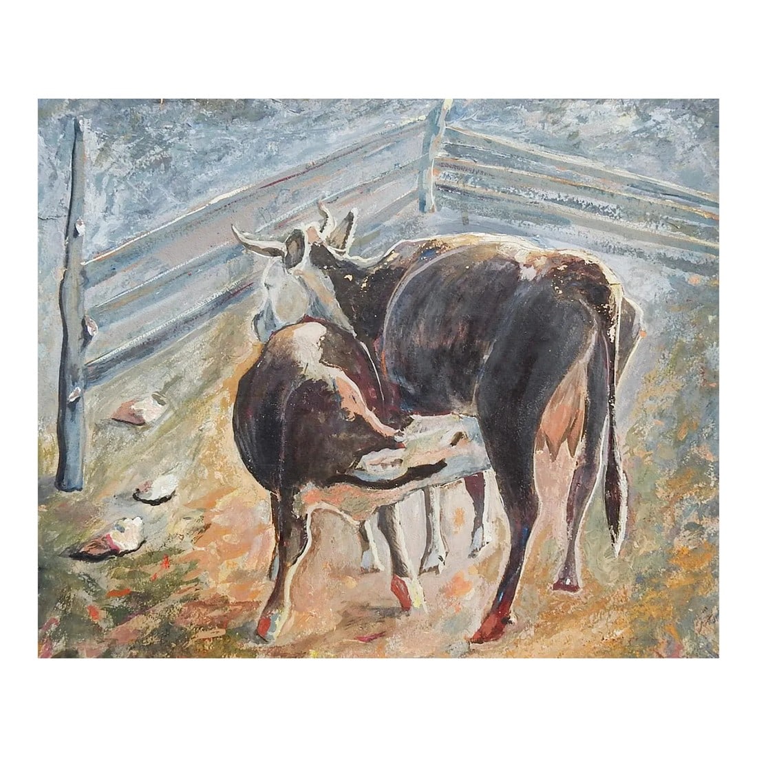 Vintage 1930's Cow & Calf Painting: Vintage circa 1930's oil on artist board painting of cow and calf by Geneva Flores Hart Fell (1906-2008) Texas. Signed lower right corner, from the artists estate. Unframed, edge losses and tears,