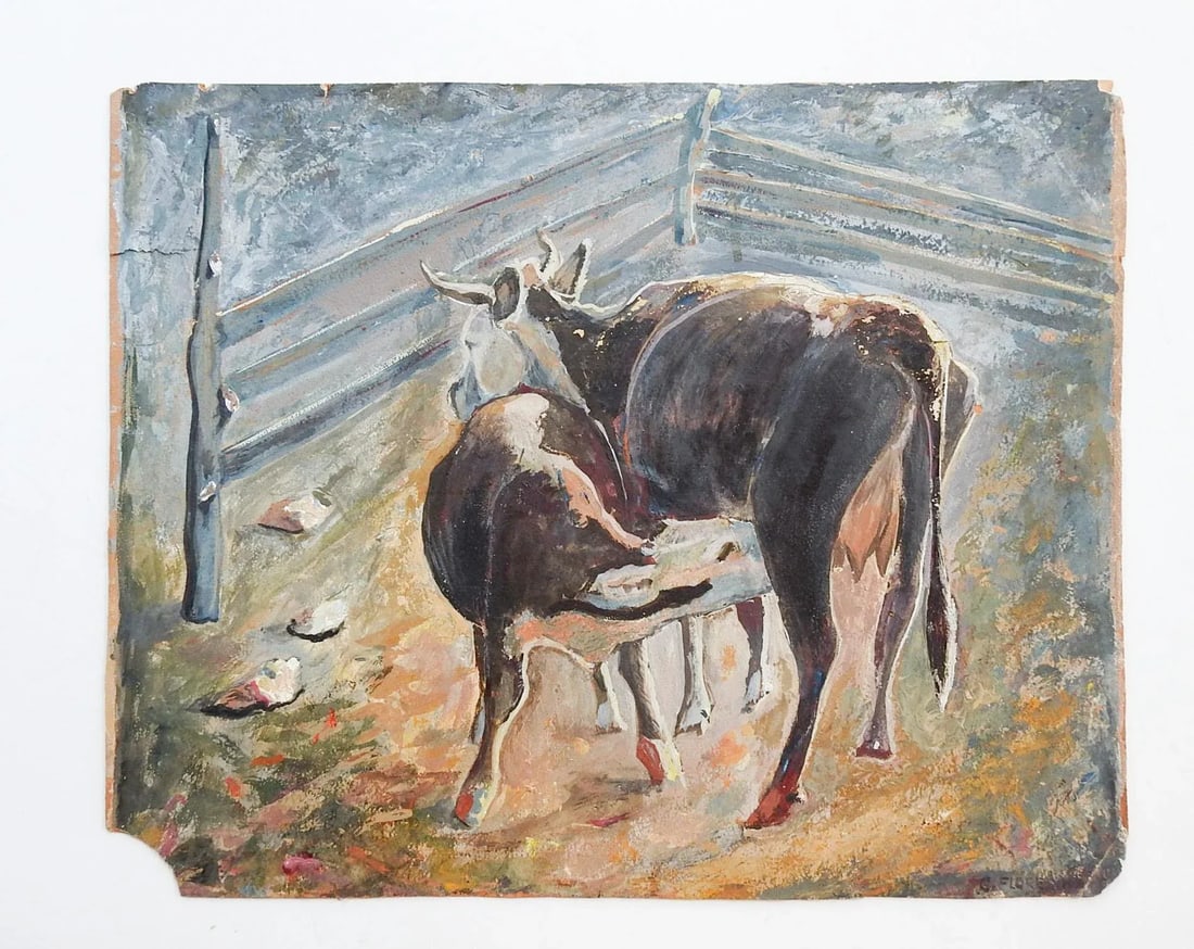 Vintage 1930's Cow & Calf Painting - 3