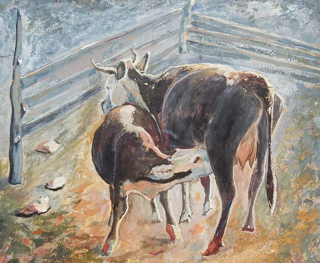 Vintage 1930's Cow & Calf Painting - 7
