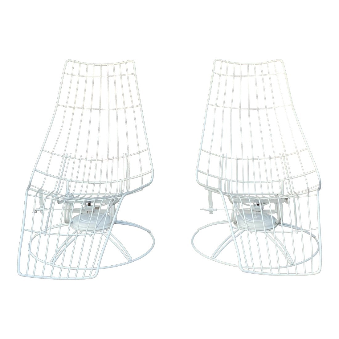 Homecrest Siesta Chaise Lounges - a Pair: Pair of Mid century Homecrest chaise lounges made with wrought iron and very unique mechanism to adjust the level of platform . They swivel and rock. They have been completely restored and powder