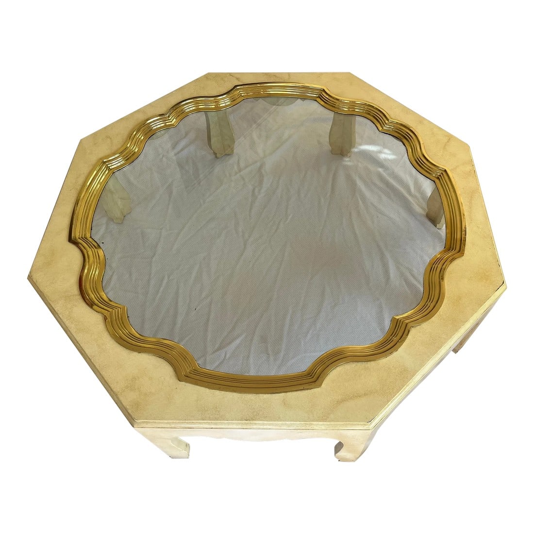 Mid 20th Century Vintage Baker Collection Octagonal Coffee Table: Large Baker cream octagonal coffee table. Scalloped brass edges with glass tray top, hexagonal frame, hand-painted details, quality American craftsmanship, great style and form, circa mid-late 20th