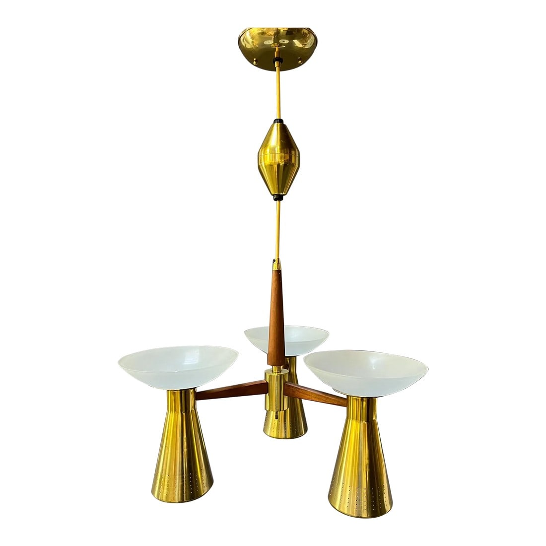 1950s Mid-Century Modern Emerson Retractable Light by Imperialites Walnut Brass Plate & White Glass: Fabulous Mid-Century Modern Emerson by Imperialites pull down & retractable pendant light fixture or chandelier comprised of walnut, brass plate, six lights, and white glass bowl shaped shades.