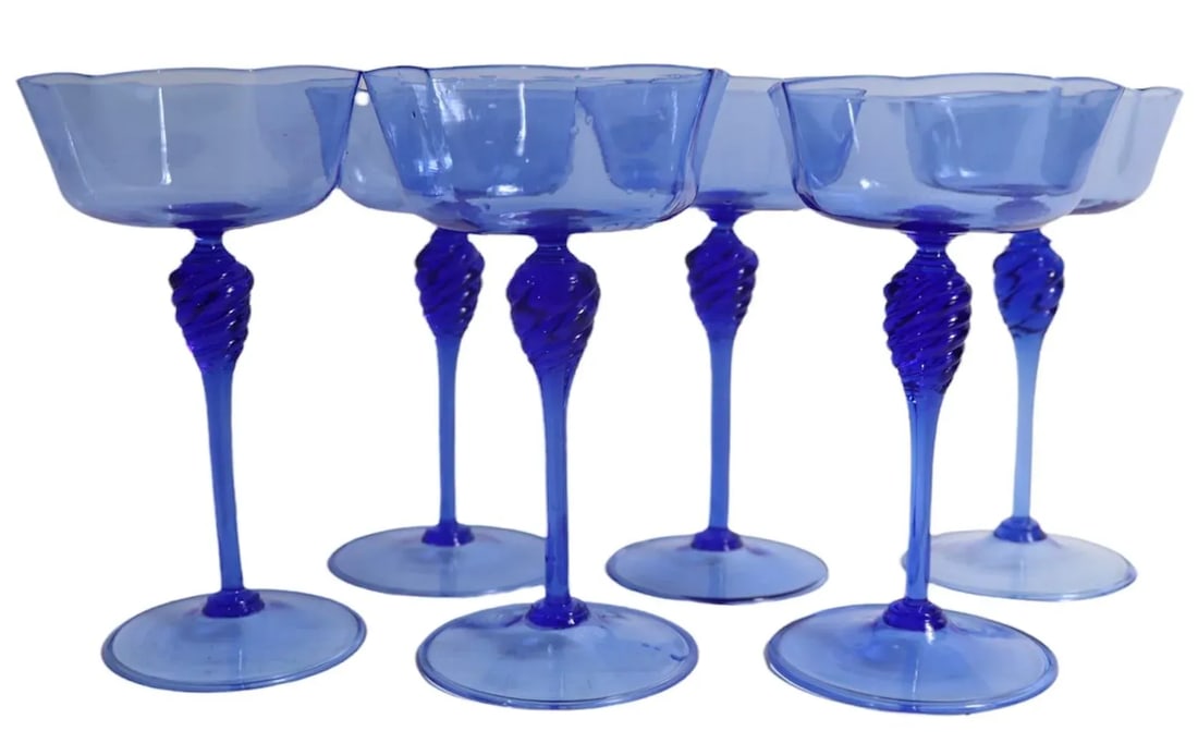 Set of 6 Murano Octagonal Wine Glasses in Blue Glass After Salviati - 10