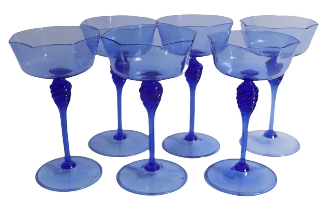 Set of 6 Murano Octagonal Wine Glasses in Blue Glass After Salviati - 11