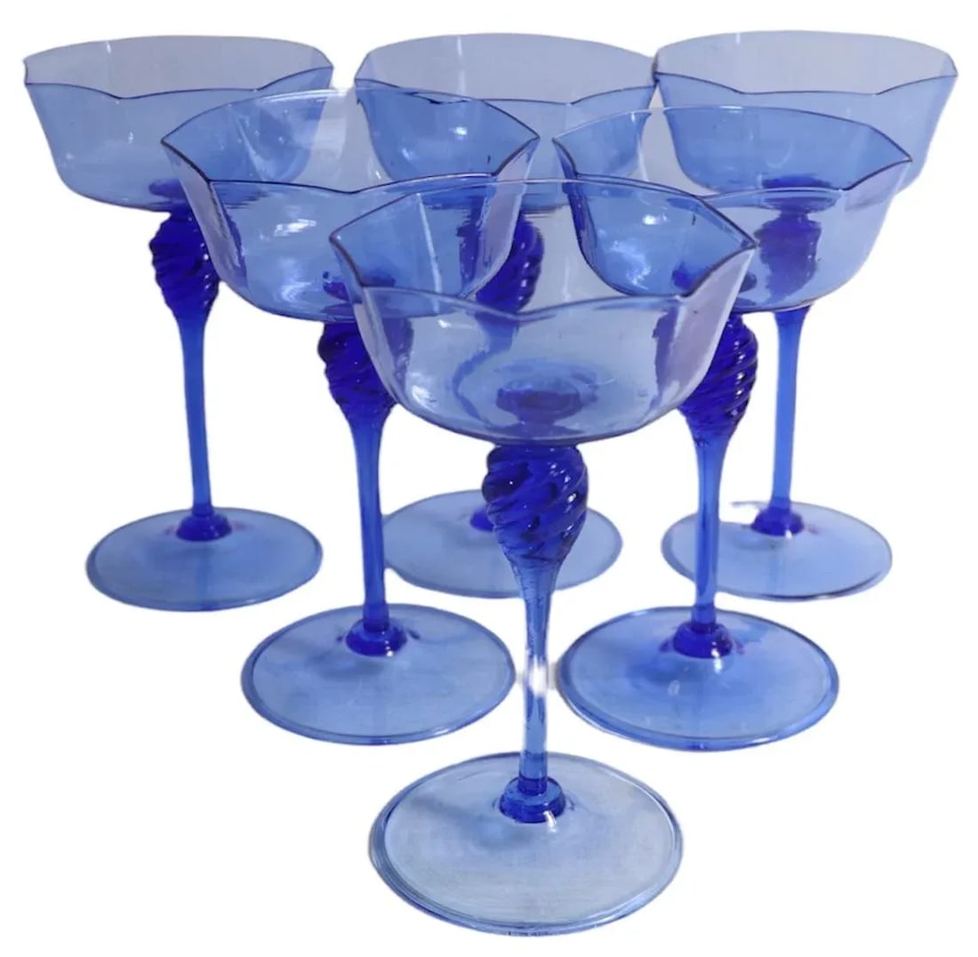 Set of 6 Murano Octagonal Wine Glasses in Blue Glass After Salviati - 12