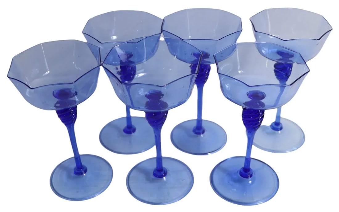 Set of 6 Murano Octagonal Wine Glasses in Blue Glass After Salviati - 8
