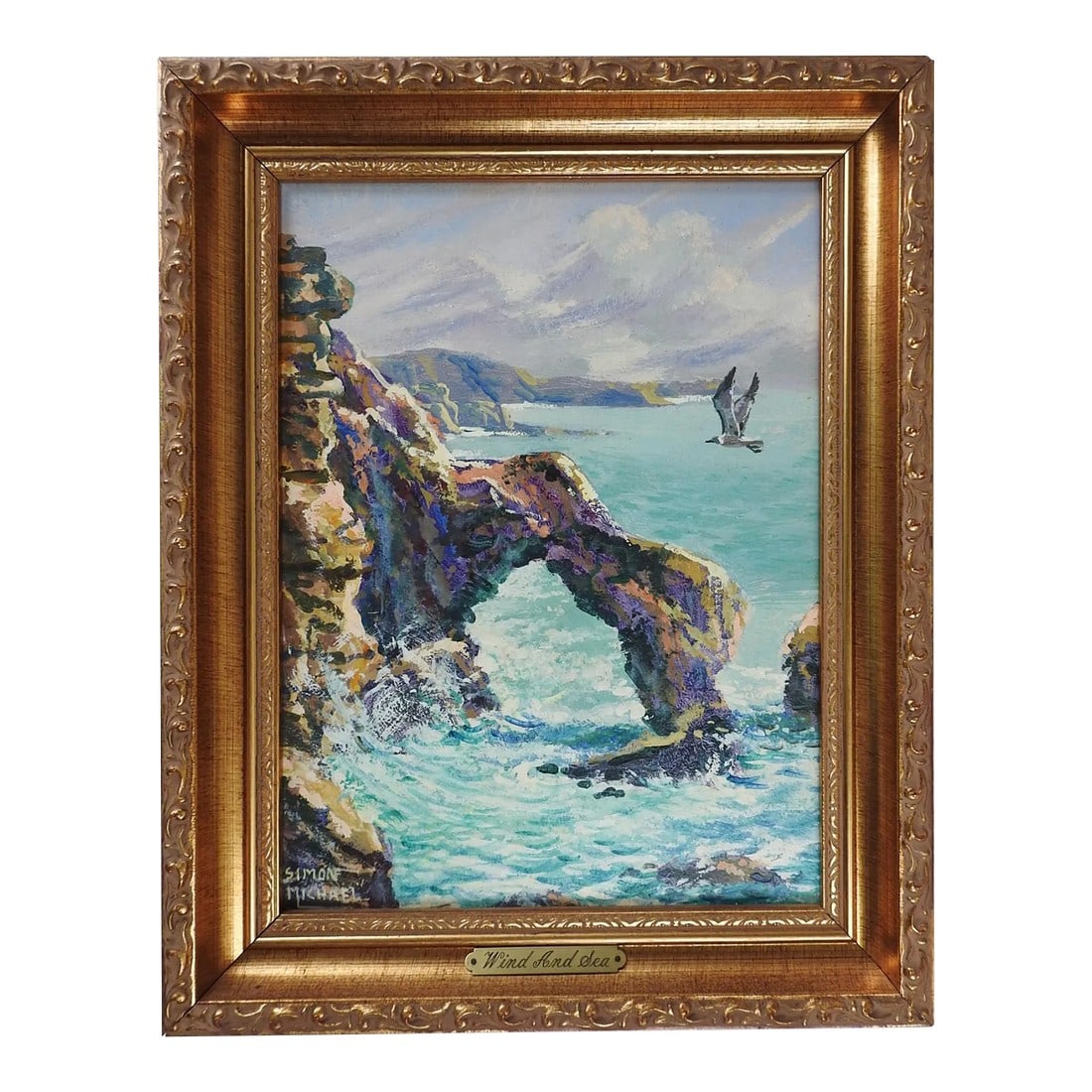 Vintage Simon Michael Vintage Rocky Coastal Seascape Painting: Vintage rocky coastal seascape oil on Masonite by Simon Michael (1905-2002), circa 1940. Simon was a noted Rockport, Texas artist, teacher and philosopher. Signed lower left corner. Displayed in