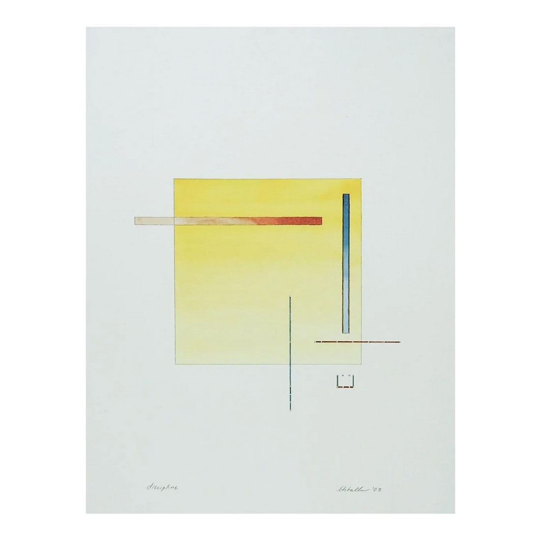 Abstract Yellow Block Geometric Watercolor Painting: Abstract yellow square geometric watercolor on paper painting. Signed illegibly, titled Discipline and dated 2003 in pencil along bottom. Unframed. Condition: Alterations: Original Condition Unaltered