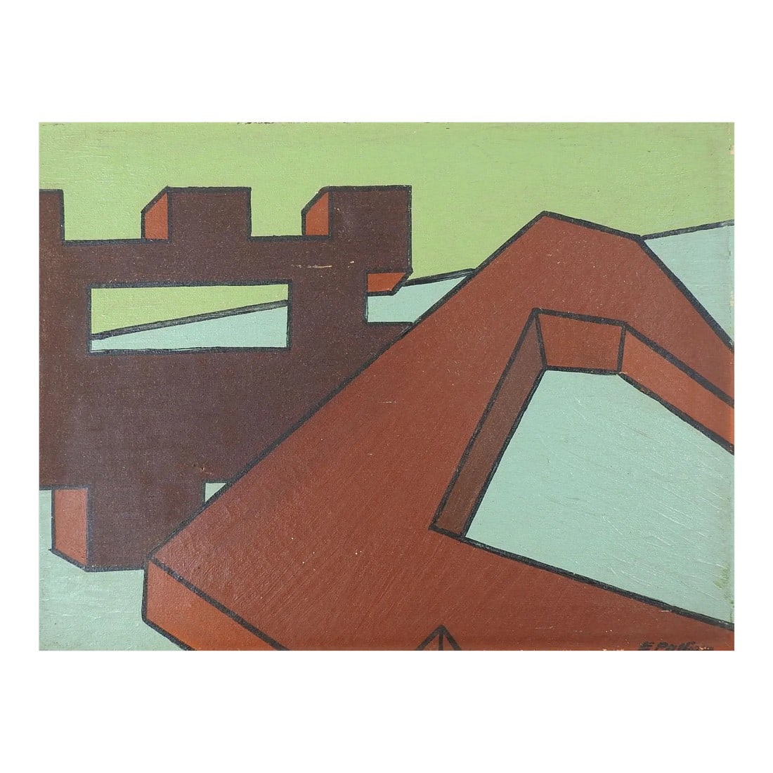 Vintage Mid Century Abstract Color Block Painting: Vintage circa 1950's oil on canvas abstract geometric color block painting. Signed Eugene Pulliam lower right corner. Unframed, cracquelure, edge wear. Condition: Alterations: Original Condition