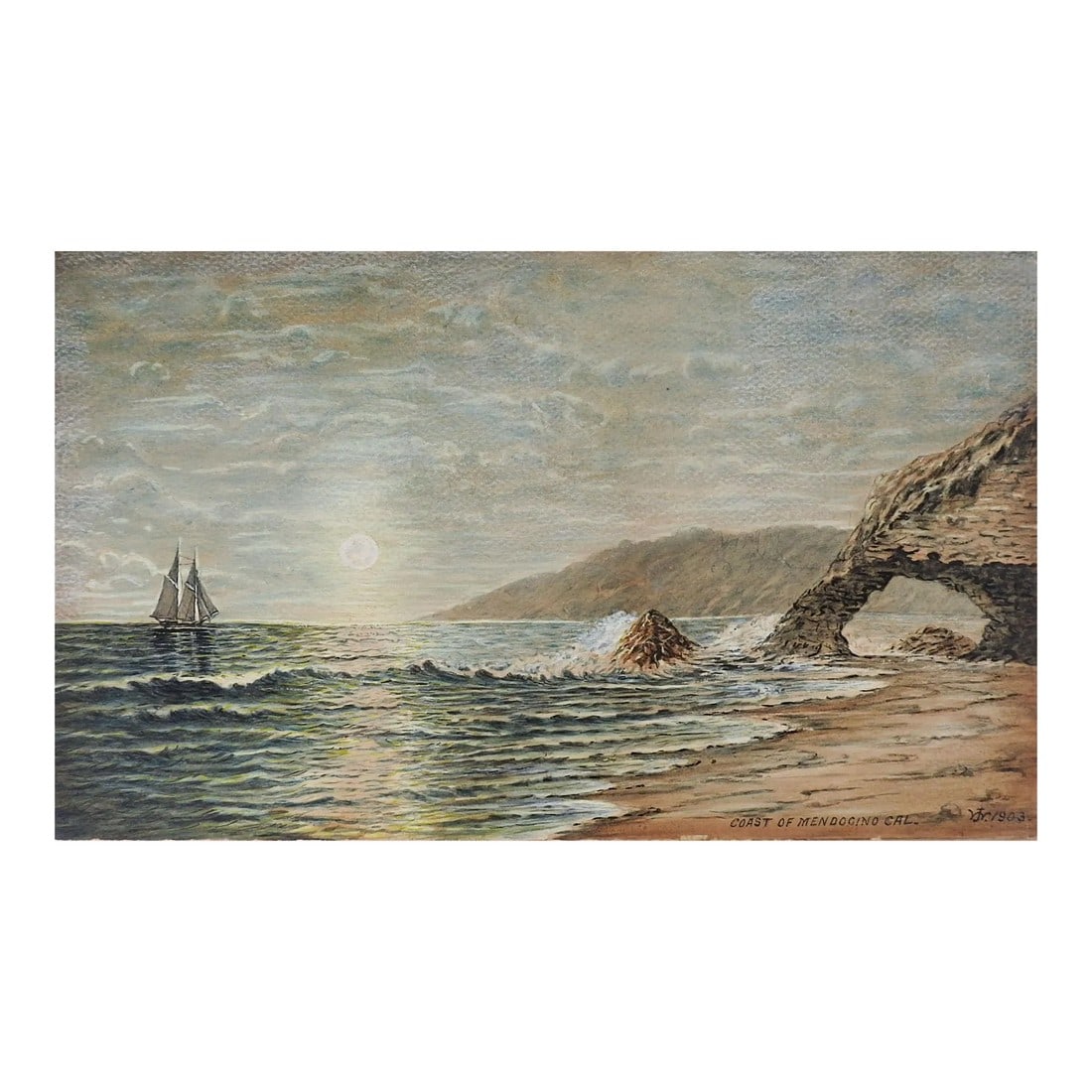 Antique 1903 California Coast Watercolor Painting: Antique 1903 watercolor on artist board painting of Coast of Mendocino California. Signed JW, dated 1903 and titled lower right corner. Unframed, displayed in mat and backing, 14.75" x 9", edge