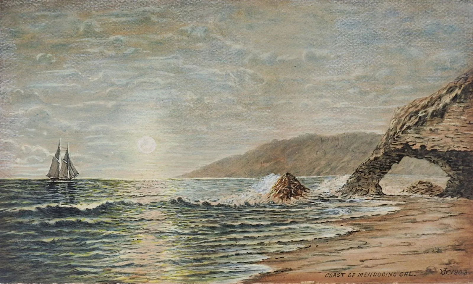 Antique 1903 California Coast Watercolor Painting - 5