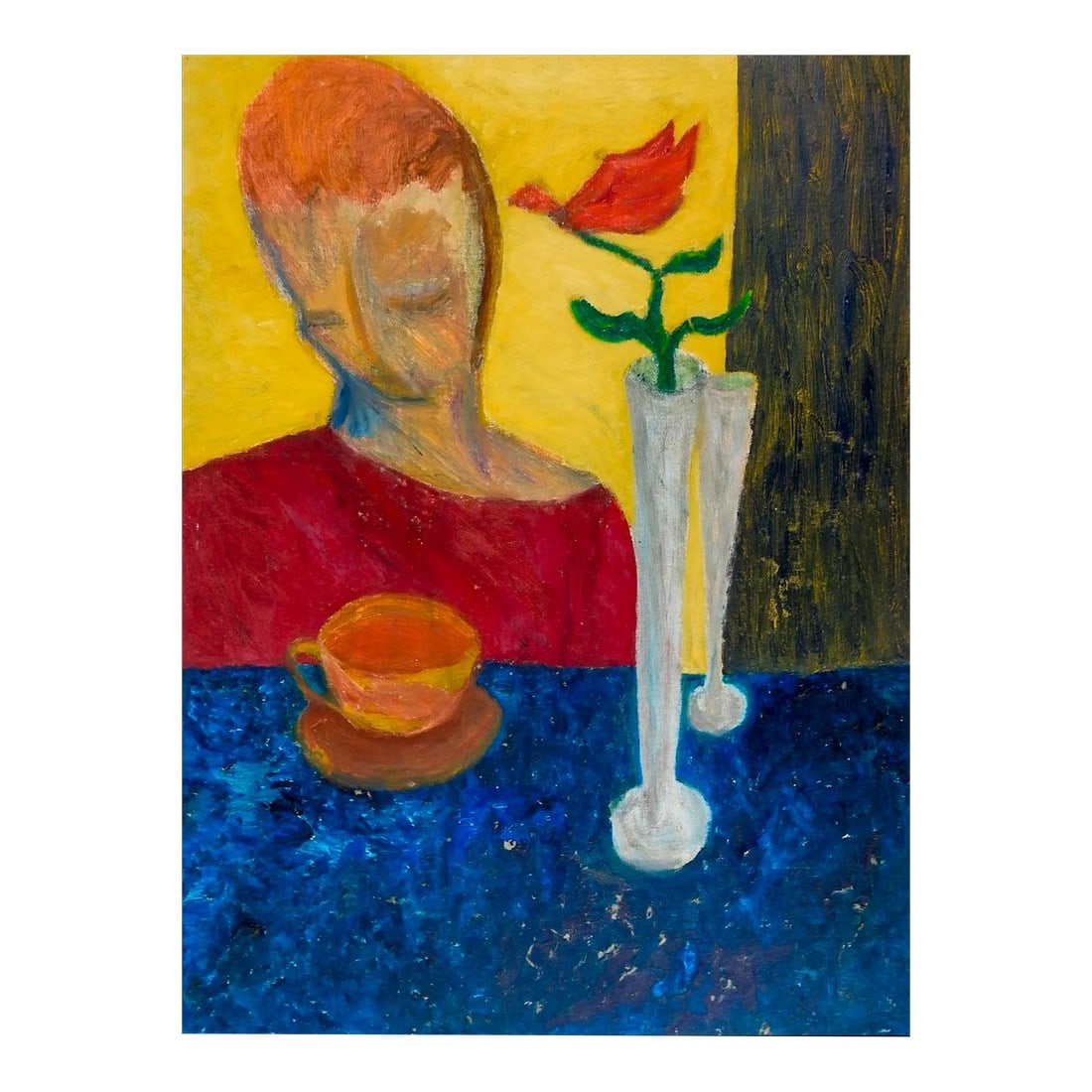 Vintage Mid 20th Century Abstract Figure & Still Life Painting: Vintage circa 1950's oil on canvas board abastract figure and still life painting by Norma Edward Cameron McClellan (1931-2007) New Orleans / Texas. In red, green, orange, blue and yellow. She