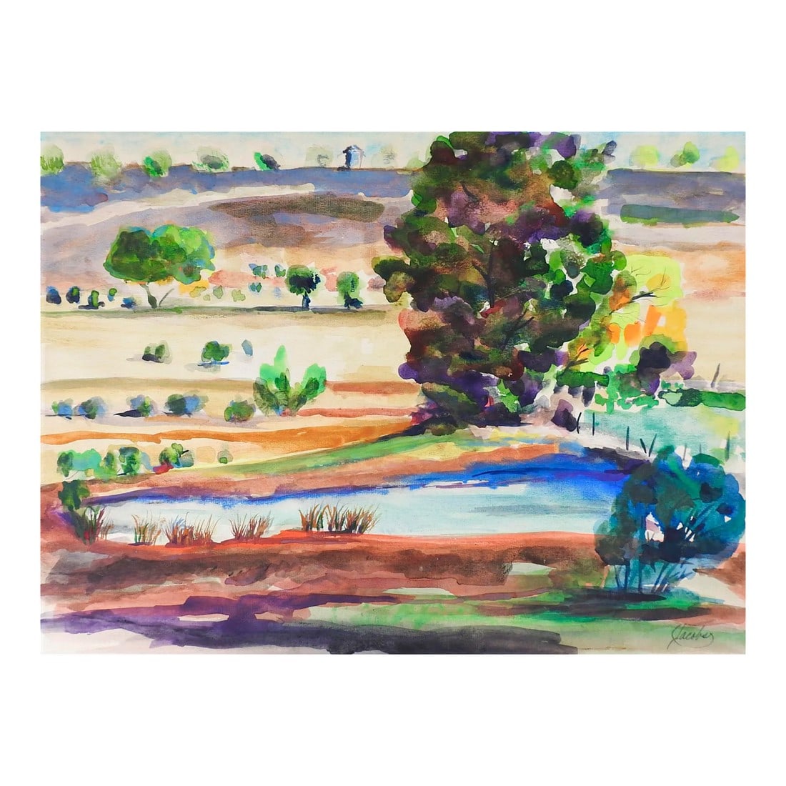 Vintage Plein Air Texas Landscape Watercolor Painting: Vintage late 20th century watercolor on paper painting by Eugene Jacobs (20th century) Texas, landscape of south Texas stock tank. Signed lower right, unframed. Condition: Alterations: Original
