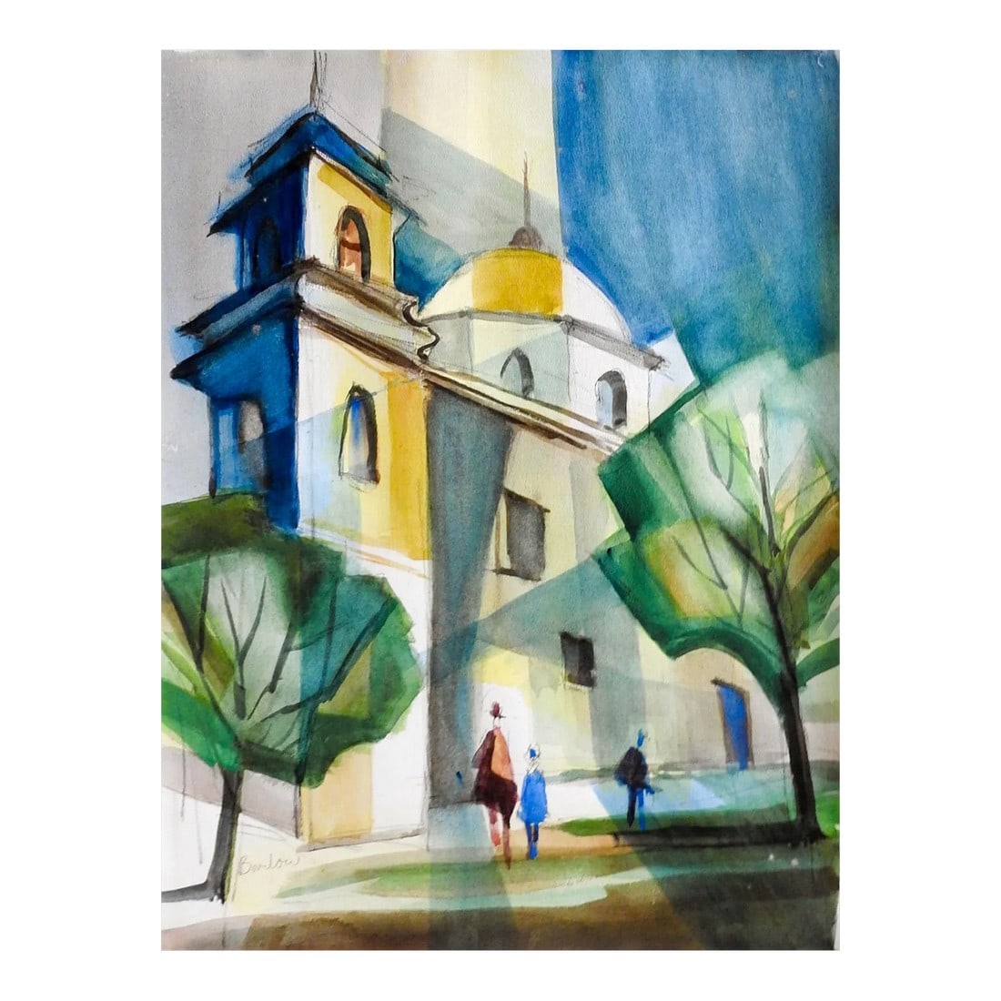 Vintage Mid Century Mission San Jose San Antonio Texas Watercolor Painting: Vintage watercolor on paper modernist painting of Mission San Jose in San Antonio Texas. Signed Barlow lower left corner. Unframed, few scattered surface paper loss spots. Condition: Alterations: