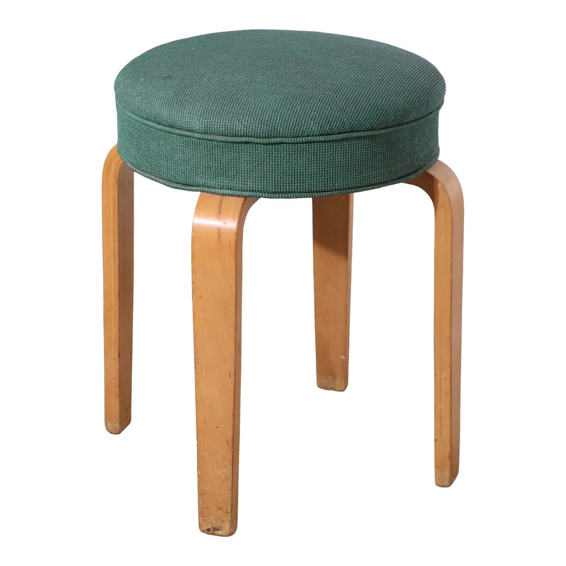 Mid Century Thonet Stool After Aalto: Classic Mid Century stool, ottoman, footrest, marked Thonet, after Alvar Aalto. The stool is in very good, original, clean condition. Structurally sound and sturdy, the vinyl upholstered pad shows