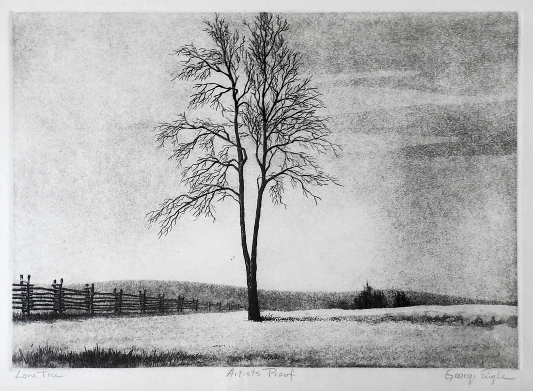 Vintage Mid Century Lone Tree Landscape Etching - 6