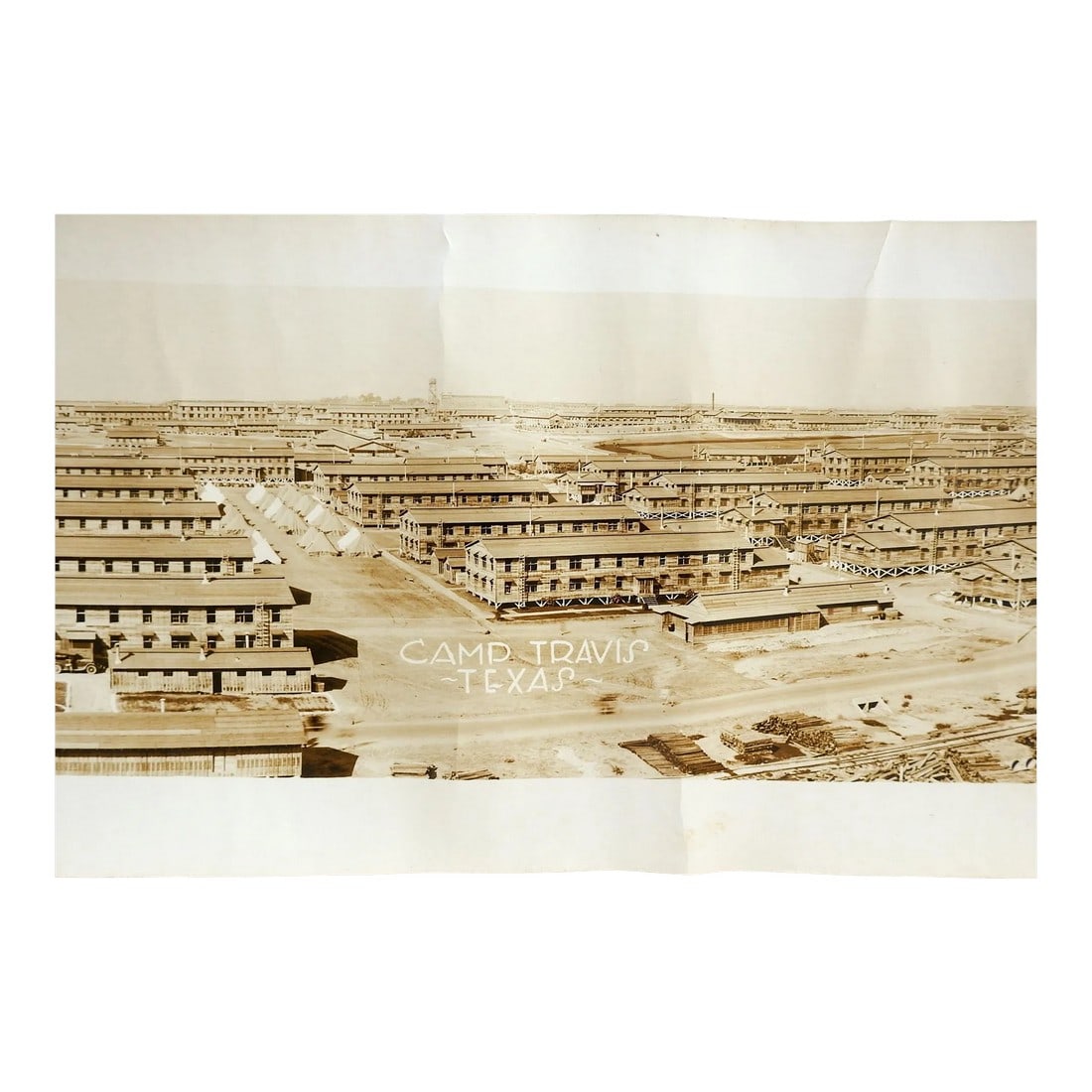 Antique 64" Eugene Goldbeck Panoramic Photo 1917 Camp Travis Wwi San Antonio: Original circa 1917 64" long x 8" wide panoramic silver gelatin photograph by Eugene Omar Goldbeck. Subject is the newly established Camp Travis, San Antonio Texas. Horse barns, corrals, new