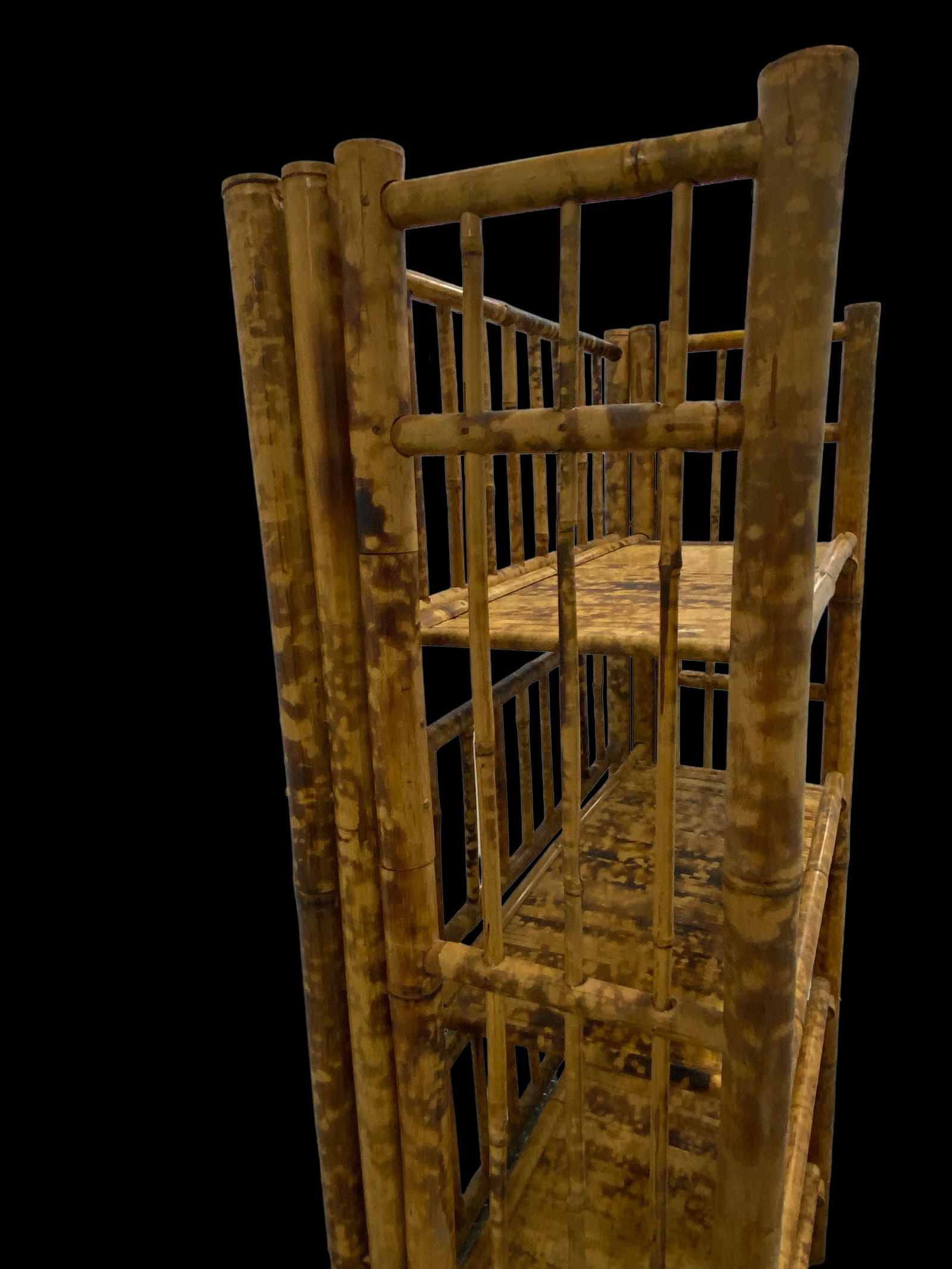 1970s Tall Vintage Burnt Bamboo Faux Tortoise Shell Four Shelf Etagere - 10