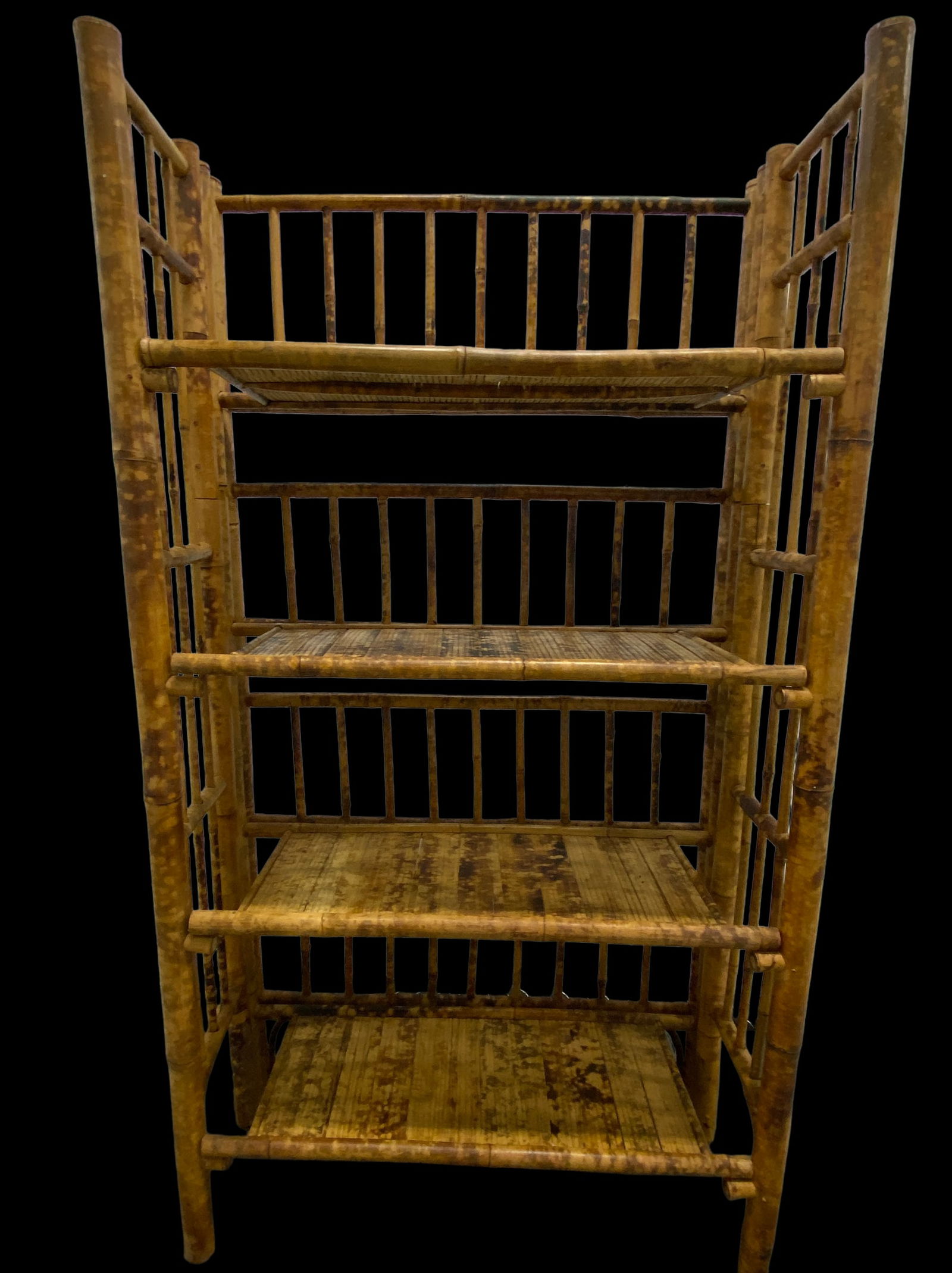 1970s Tall Vintage Burnt Bamboo Faux Tortoise Shell Four Shelf Etagere - 13