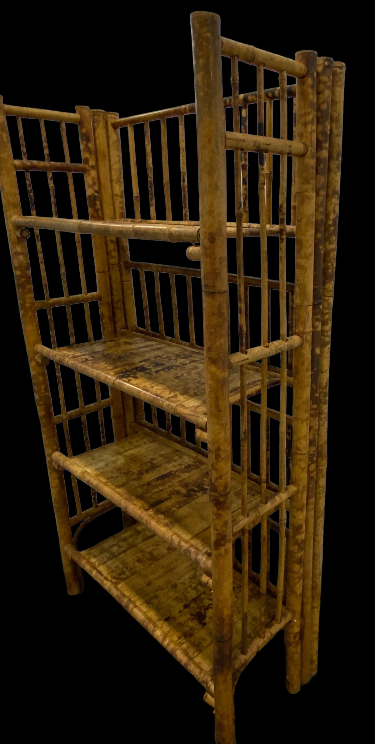 1970s Tall Vintage Burnt Bamboo Faux Tortoise Shell Four Shelf Etagere - 3