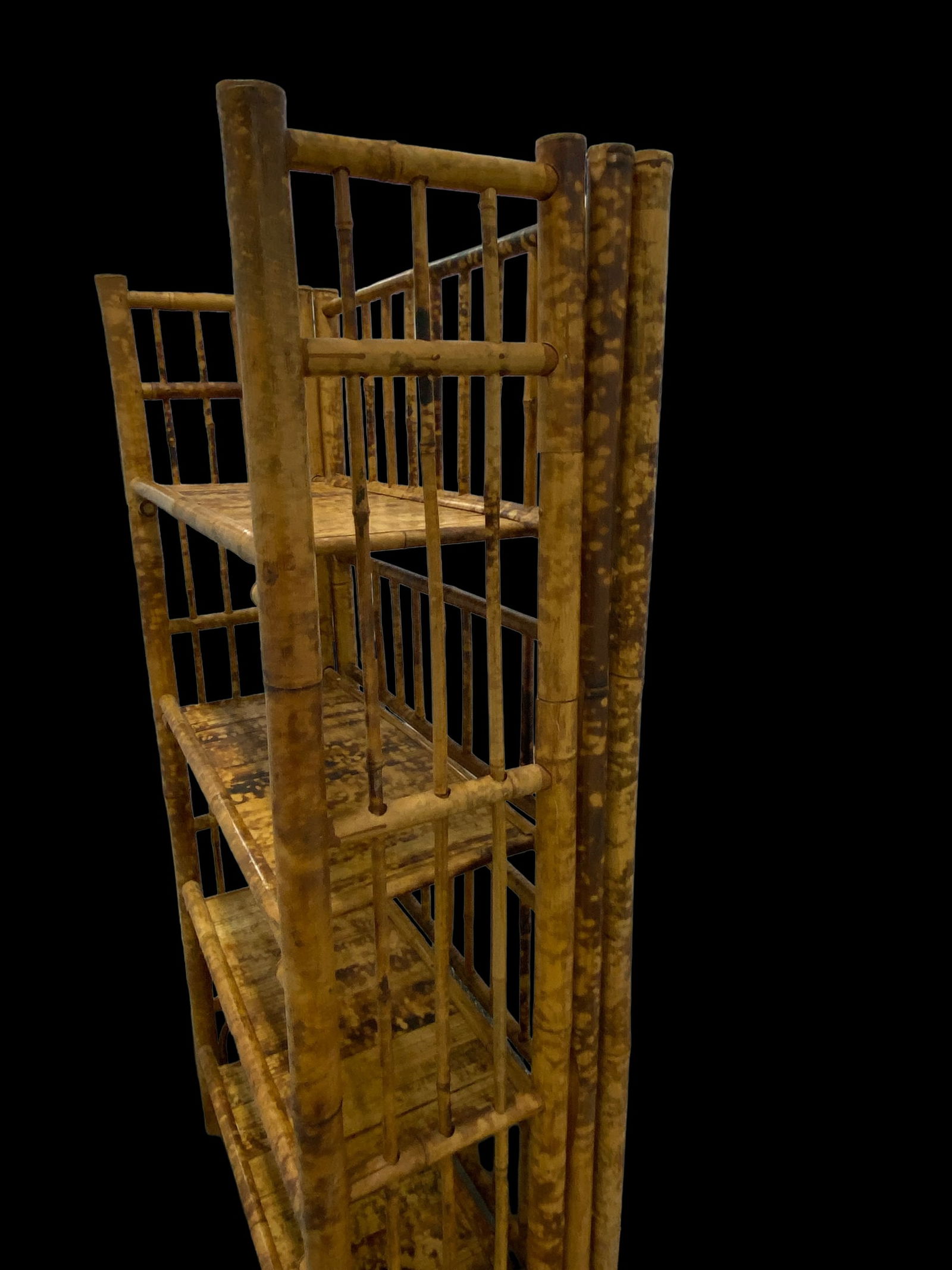 1970s Tall Vintage Burnt Bamboo Faux Tortoise Shell Four Shelf Etagere - 7