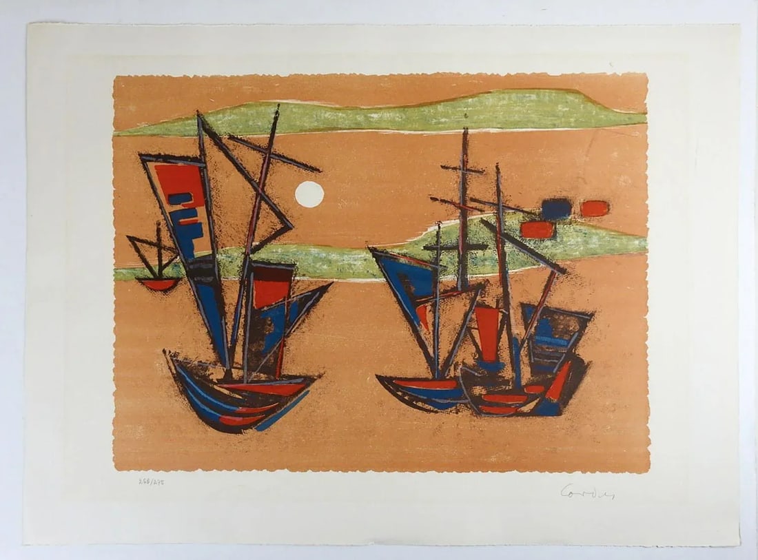 Vintage Mid Century Modern Abstract Ships Lithograph - 4