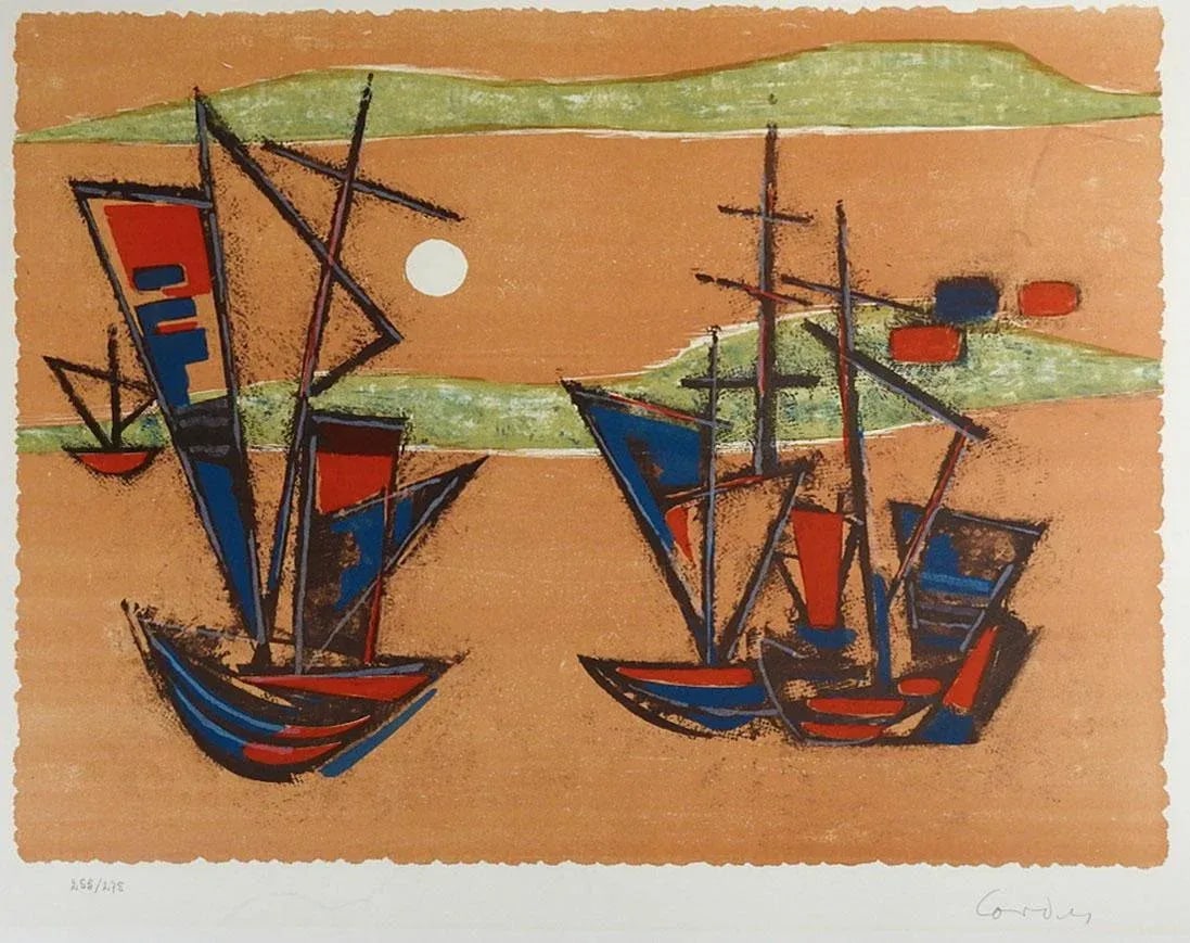 Vintage Mid Century Modern Abstract Ships Lithograph - 5