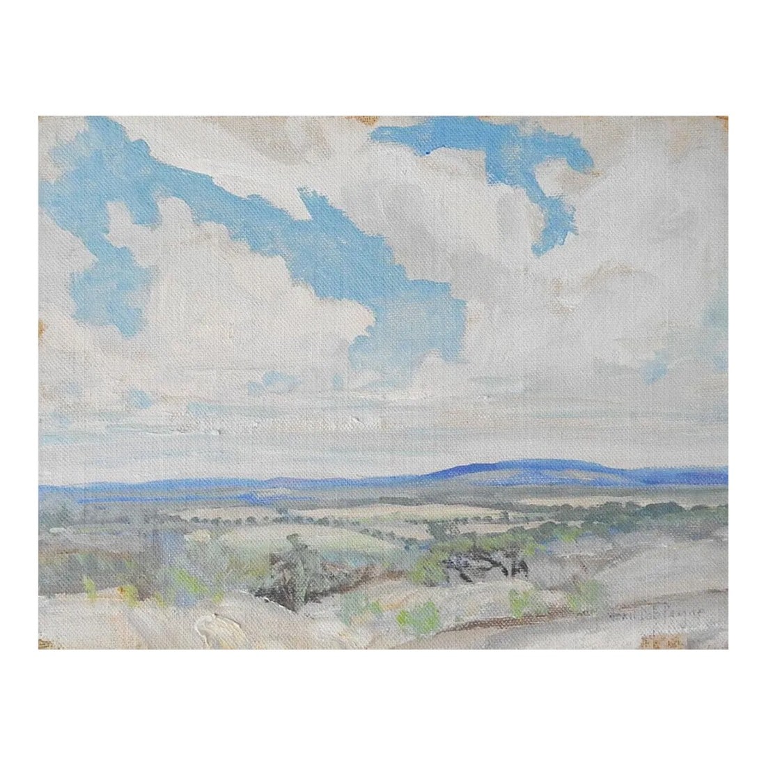 Vintage John Bob Payne Cloud Landscape Study Painting: Vintage early 20th century oil on canvas board painting by John Bob Payne (1883 - 1962) Texas. Signed lower right corner and signed and titled "Cloud Study" on verso. Unframed, edge wear. 