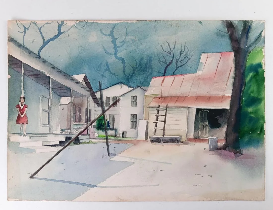 Vintage Mid Century Cityscape Watercolor Painting - 4