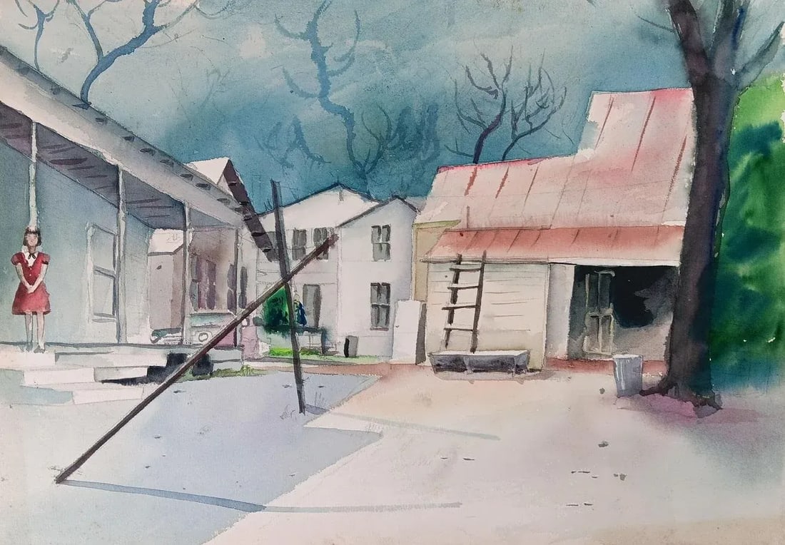 Vintage Mid Century Cityscape Watercolor Painting - 5