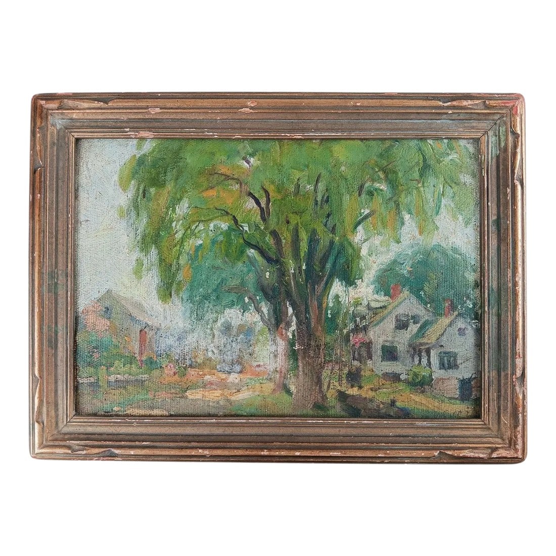 Vintage 1925 William Woodward Farmhouse Painting: Vintage circa 1925 oil on canvas board farmhouse landscape painting by William Woodward (1859 - 1939) Louisiana, California, Massachusetts. Signed WW lower right corner, faintly signed on verso with
