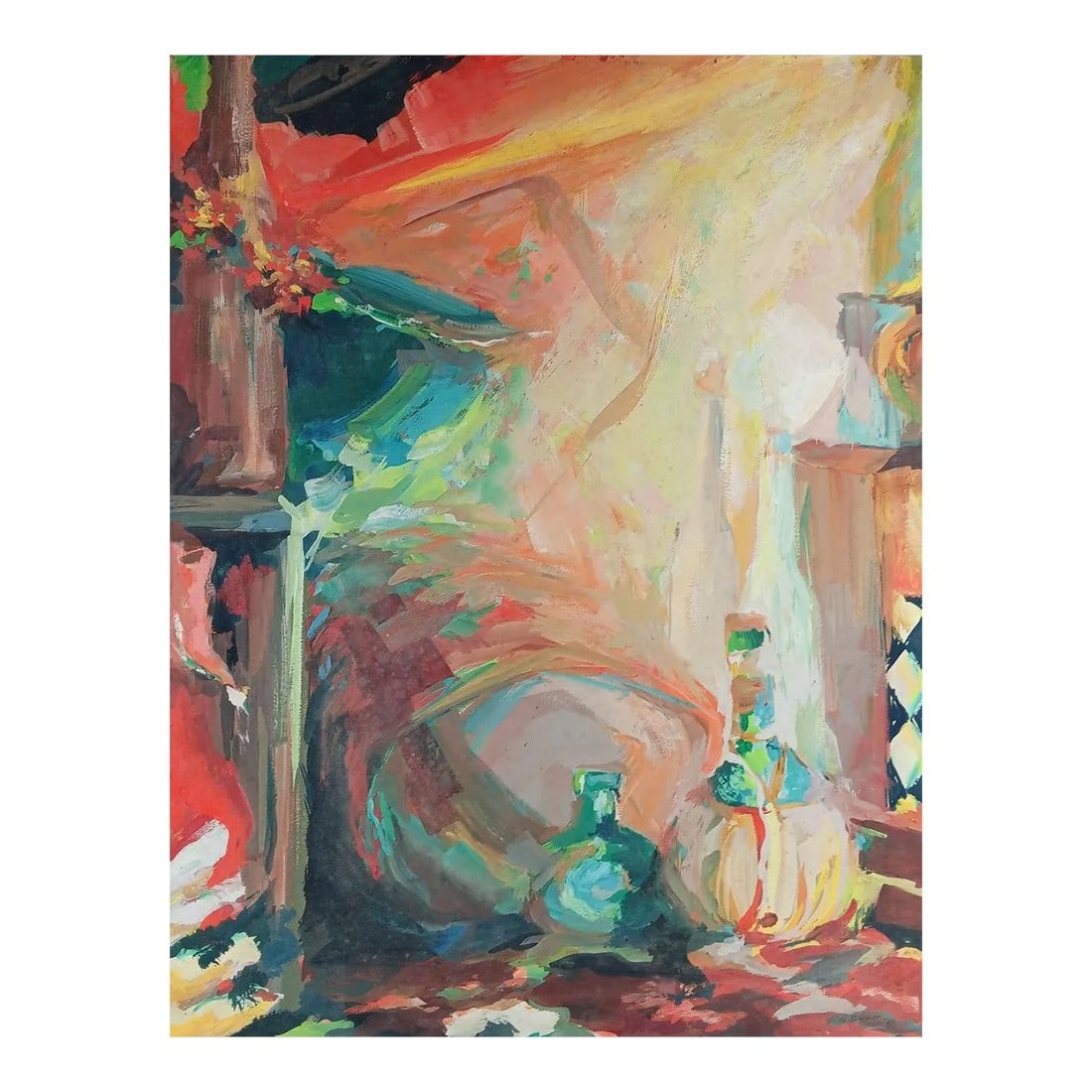 Vintage 1961 Mid Century Bold Abstract Bottle Still Life Painting: Vintage 1961 casein on artist board abstract still life with bottles by Gene Boemer (20th century) Texas. Signed on verso. Unframed, edge and corner wear. Condition: Alterations: Original