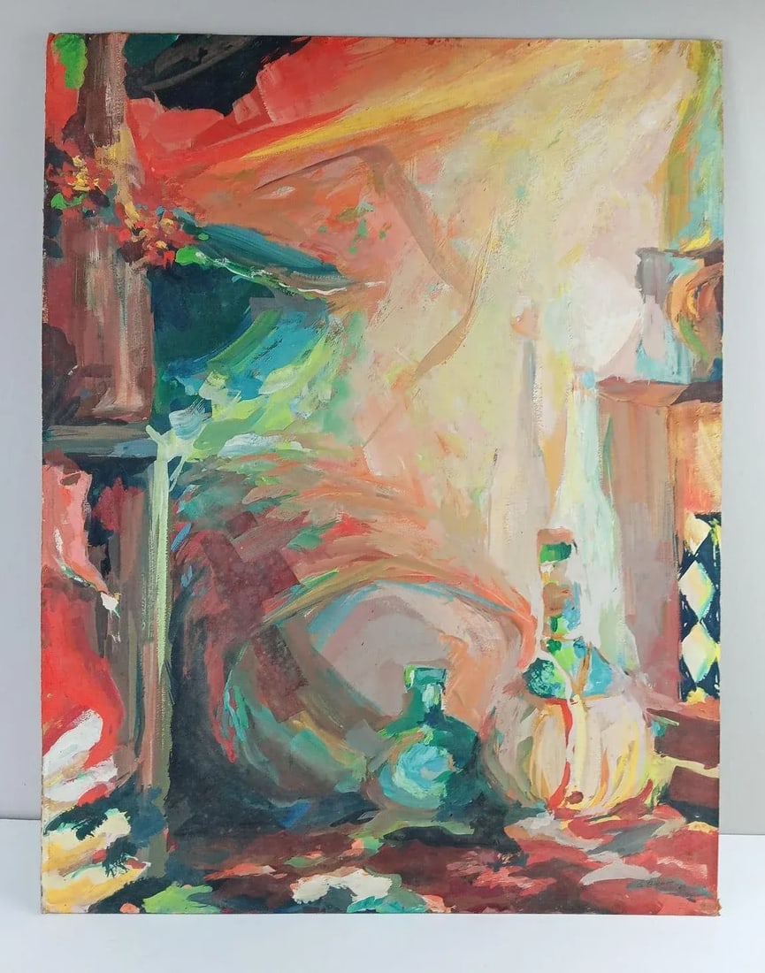 Vintage 1961 Mid Century Bold Abstract Bottle Still Life Painting - 3